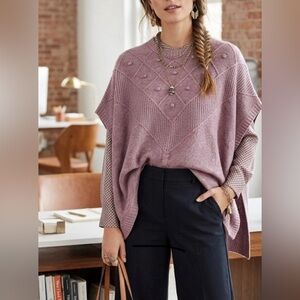 Loft Purple Knit Pullover Poncho Sz XS 3D Bobble Detail Western Boho